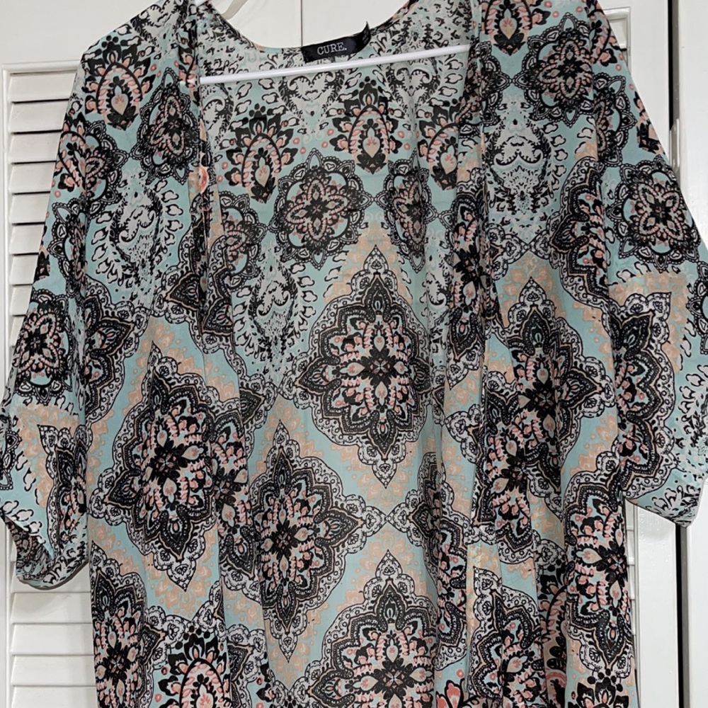 Beautiful navy blue/peach/light green kimono